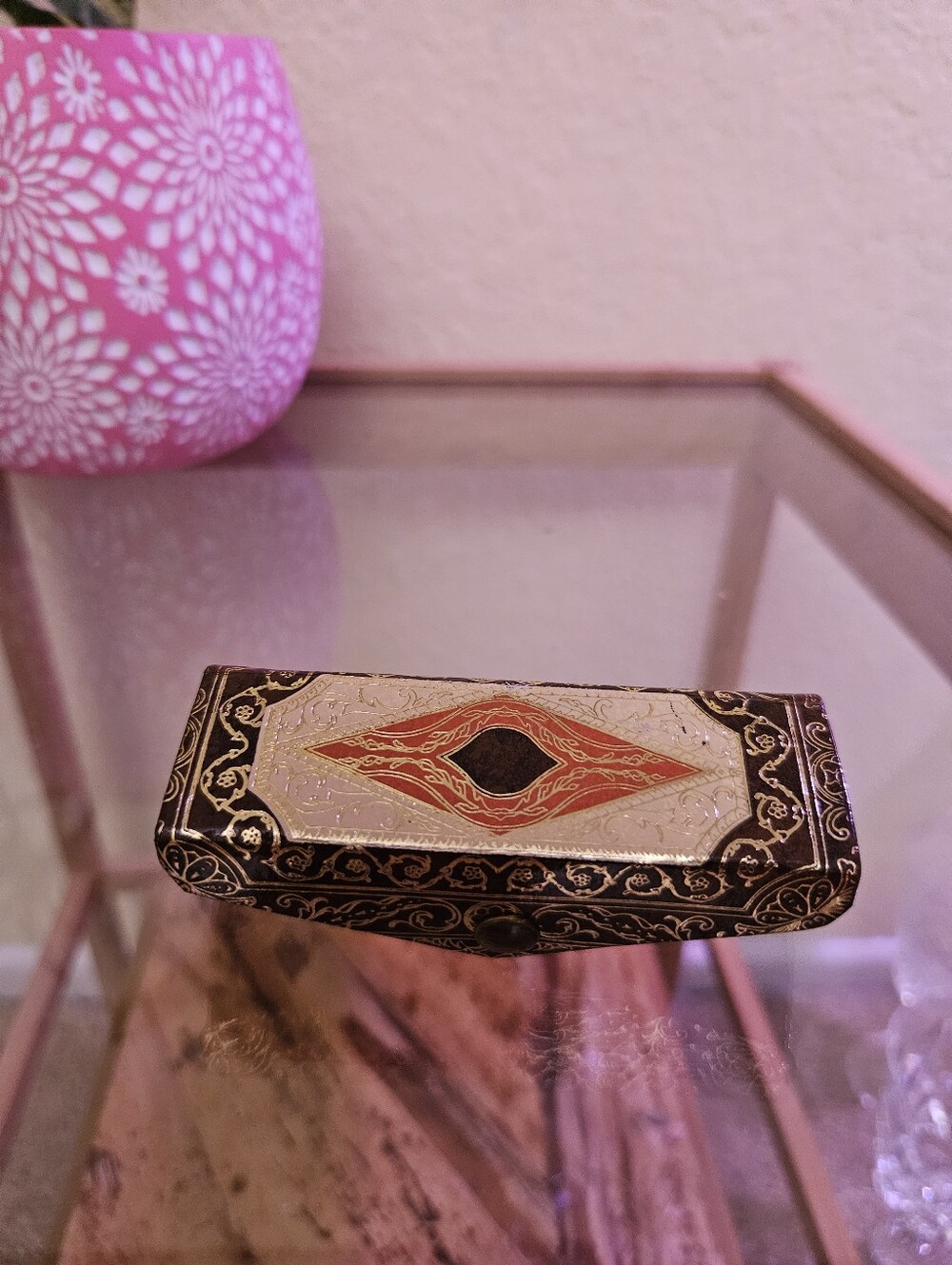 Antique made in Italy lipstick case holder mirror with Button closure.